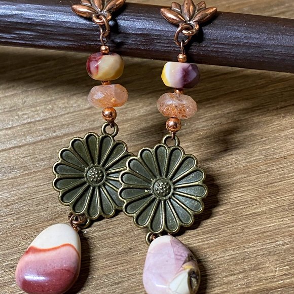 Mookaite Sunstone Flower Statement Copper Earrings - Picture 1 of 8